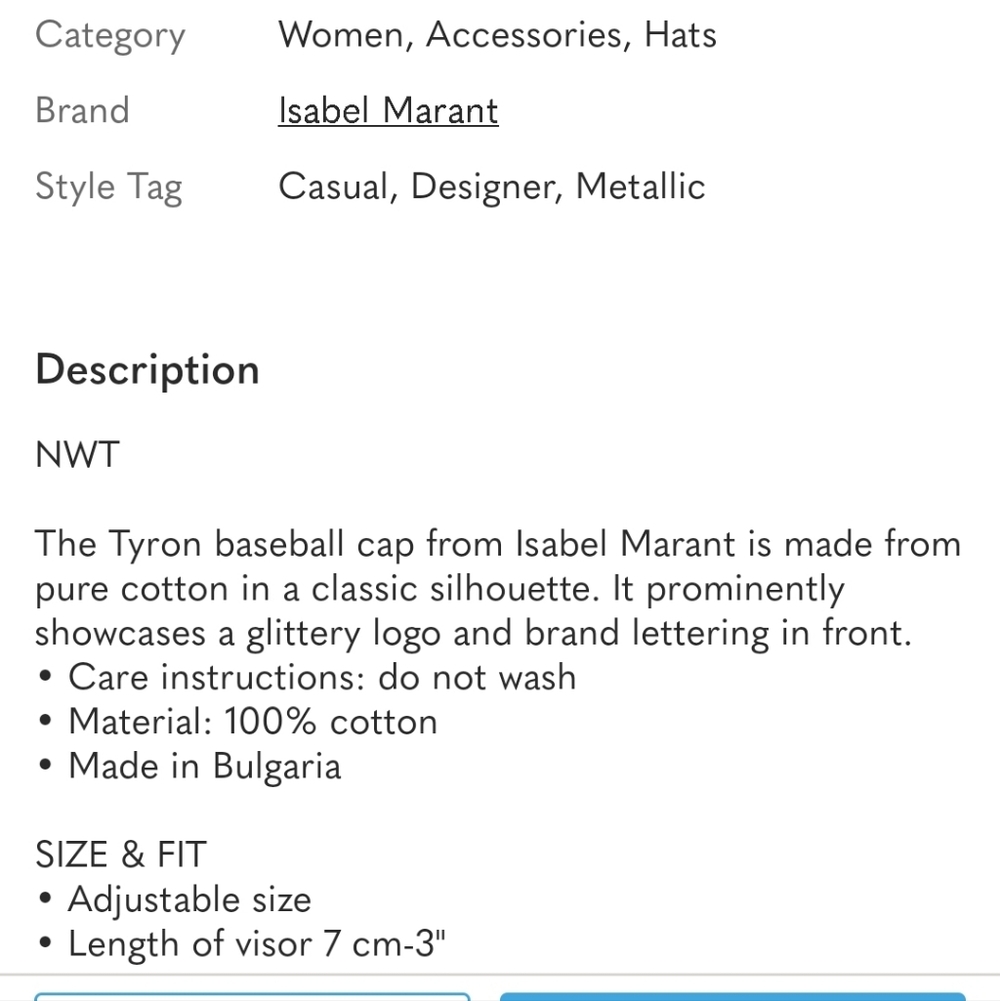 ISABEL MARANT TYRON GLITTER LOGO BASEBALL CAP ; 100%COTTON;SIZE:59 - Picture 2 of 11